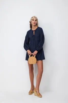 Produktbild von Langarm Leinen Mini-Kleid, Dark Navy, M