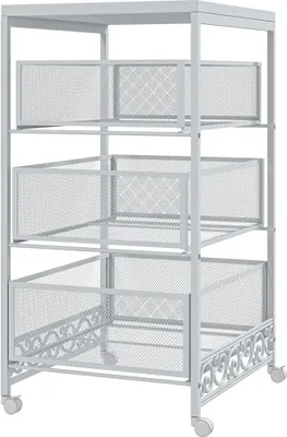 Produktbild von HOMCOM Hilfswagen mit Rollen, 3-stöckiger Aufbewahrungswagen mit 3 Aufbewahrungskörben für Wohnzimmer, Esszimmer, Küche, Badezimmer, 34 x 29,5 x 57,5 cm, Weiß