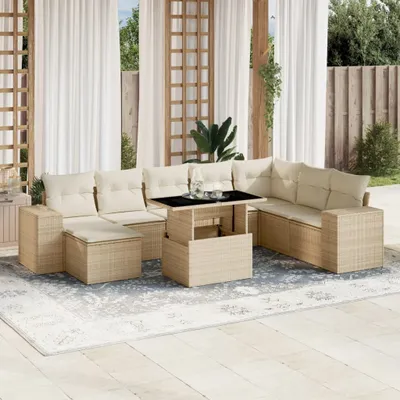 Produktbild von 9-tlg. Garten-Sofagarnitur mit Kissen Beige Poly Rattan, Gartenmöbel-Sets 2024 Neu