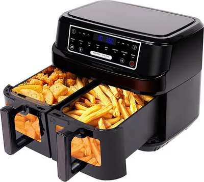 Produktbild von Doppelkammer Heißluftfritteuse 2 Kammern, 10L (5L+5L) Airfryer mit Sichtfenster Zweizonen Temperatur Separat Regeln, 8-in-1 Heissluftfritteuse Doppelkammer Touch-Steuerung Bis 200℃, Air Fryer 2600W Eingebaute Beleuchtung