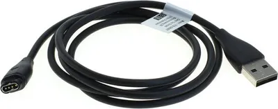A black USB charging and data cable with a proprietary connector on one end and a standard USB-A connector on the other.