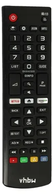 A black remote control with various buttons and labels.