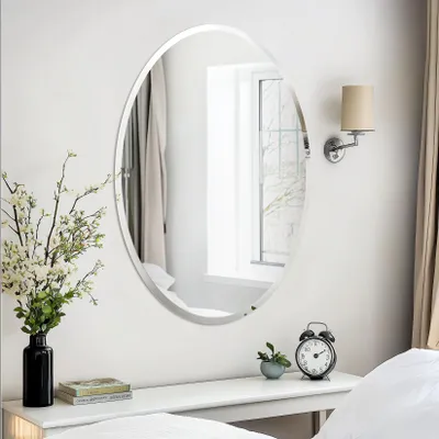 Immagine prodotto di Specchio da parete ovale Vrygle 60x80 cm — Specchio decorativo in vetro temperato per soggiorno, camera da letto e bagno, argento con bordi smussati