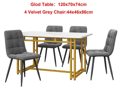 Produktbild von Essgruppe - Rechteckiger Esstisch mit 4 Stühlen - 120 x 70 x 74 cm - MDF und Metall - Goldfarbener Tisch - Graue Samtstühle