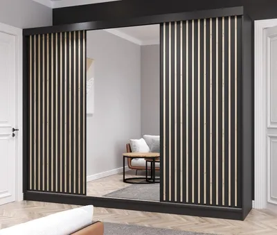 Produktbild von Krudox RAMIS Schiebetürenschrank mit Spiegel 250x216x62 cm, Schwarz, 4 Kleiderstangen, 3 Schubladen
