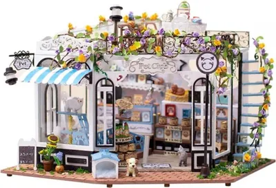Produktbild von Habarri | Miniaturhaus - DIY-Puppenhaus - Holzhaus mit Möbeln und LED-Beleuchtung - Geschenk für Kinder - Haustierclub