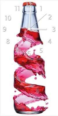 Produktbild von Wallario Design Wanduhr Flasche mit roter Brause - Wirbelsturm aus Echtglas, Größe 30 x 60 cm