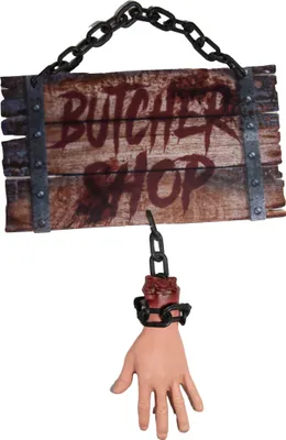 Produktbild von Gruseliges Metzgerschild mit Kette & Hand 60cm