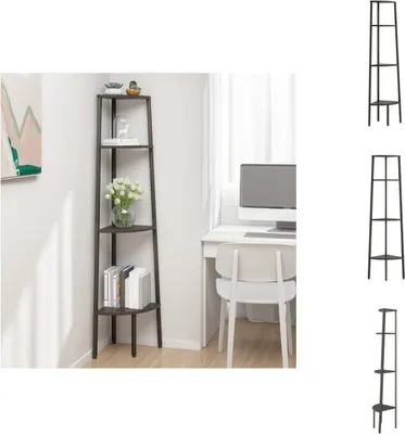 A corner shelf unit is shown in a room setting next to a desk and chair, with a computer monitor on the desk. The shelf unit is also shown in smaller, separate images on the right side of the frame.