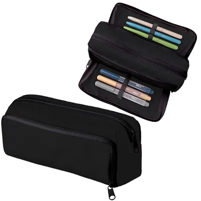Produktbild von Mäppchen Federtasche 3 Fach Federmäppchen Schüleretui Stiftemappe mit Reißverschlüssen Netztaschen und Gummiband Stiftehalter Schwarz [152]