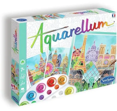 Produktbild von Aquarellmalerei – – Aquarellum – Großbuchstaben – 9 Farben – 3 Bilder – Umrisse auf Pergamentpapier – Ab 7 Jahren
