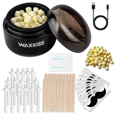 Produktbild von Nasenwachsset Mini Wachswärmer mit 100g Nasenhaarwachs,16 Nasenhaarentferner Sticks,20 Holzapplikatoren,10 Schnurrbartschablonen,15 Balsamtücher,USB