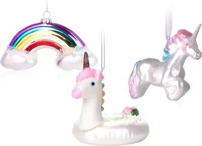 Obrázek produktu pro BRUBAKER Sada 3 kusů koulí na stromeček Unicorns - ručně malované vánoční koule Unicorn, plovoucí kroužek a duha - skleněné ozdoby na stromeček foukané ústy - vtipné ozdoby na stromeček - růžové barvy