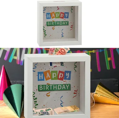 Produktbild von Spardose "Happy Birthday" B14,5cm Sparbüchse Gelddose Bilderrahmen MDF Glas Geldgeschenk