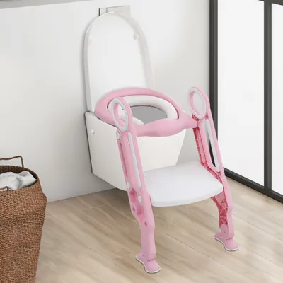 Produktbild von Kinder Toilettentrainer Toilettensitz mit Treppe und Griffe faltbar Kindertoilette WC Sitz Töpfchentrainer Rosa