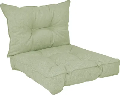 A light green lounge cushion set, consisting of a seat cushion and a back cushion, is shown against a white background.