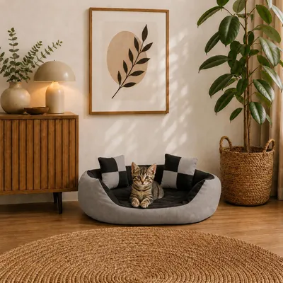 Produktbild von belviona Katzenkörbchen 4-in-1, wendbares Katzenbett mit niedrigem Einstieg, kratzfest & wasserabweisend, 65x50 cm, grau/schwarz, KI-generiertes Bild