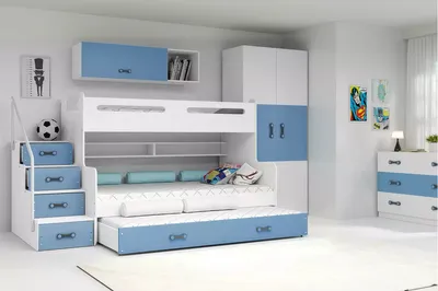 Produktbild von Kinderhochbett mit Zustellbett und Matratzen 80x200 IDA 3 – Weiß / Blau