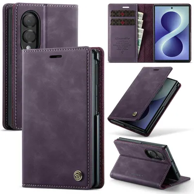 Image de Étui en cuir pour Samsung Galaxy Z Fold 8, avec protection RFID, fermeture magnétique, compartiments pour cartes et fonction support. Couleur : violet