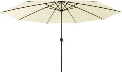 A cream-colored patio umbrella with a black pole is shown against a white background.
