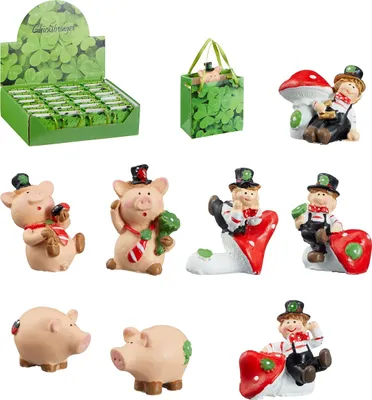 Produktbild von 24 Stück Glücksbringer Figuren Schweinchen Schornsteinfeger in Geschenktüte Display