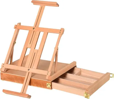 Produktbild von Moonbite Kofferstaffelei 42 × 36 × 12,5 cm aus Buchenholz, faltbare Atelierstaffelei mit Höhen- und Winkeleinstellung, Schublade mit 4 Fächern, Holz, Natur