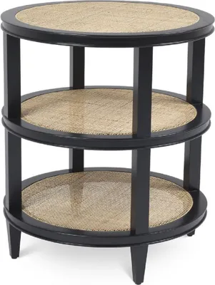 Produktbild von Casa Padrino Luxus Beistelltisch Schwarz / Naturfarben Ø 55 x H. 64 cm - Runder Massivholz Tisch mit Rattangeflecht - Wohnzimmer Möbel - Luxus Kollektion