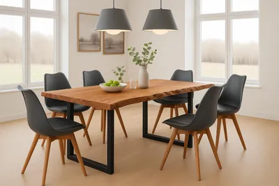 Produktbild von Essgruppe 7tlg. 220 x 100 cm Baumkante Akazie natur massiv 6x Schalenstühle Schwarz U-Gestell Schwarz QUINN
