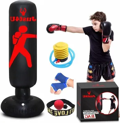 Produktbild von Famanu Aufblasbarer Boxsack mit Reflexball und Handwickeln - Freistehend mit Luftpumpe