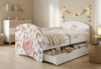 Obrázek produktu pro Dětská postýlka Happy Babies s bočními zábranami pro chlapce, 140 x 70 cm, do dětského pokoje, se zásuvkou, matrace, jednolůžko pro děti, bílá, barevné samolepky