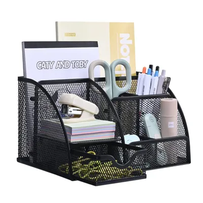 Produktbild von Schreibtisch Organizer, Mesh Metall Büro Organizer mit Schublade und Stifthalter für Stifte, Haftnotizen, Hefter, Ordnerklammern, Schwarz