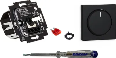 Produktbild von Busch Jäger 6523U-102 LED-Drehdimmer LED-Dimmer mit Dimmerscheibe Zentralplatte 6540-81-102 in anthrazit glänzend inklusive EBROM Phasenprüfer zur Montage des Dimmers (6523 U – 102)