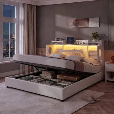 Productafbeelding van INONEFT Opbergbed met boxspring, 140x200 cm, met LED en USB-aansluiting, bekleed bed met opbergruimte, ladefunctie, tweepersoonsbedframe met lattenbodem, Polyurethanmateriaal, wit