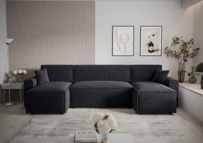 Produktbild von Ecksofa Alvito U BIS, Farbe: Schwarz. Material: Bouclé. A: B: 330 cm,H: 85 cm,Otomana Länge: 140 cm, Eckcouch, Schlafcouch, Sofa bed, Schlafsofa