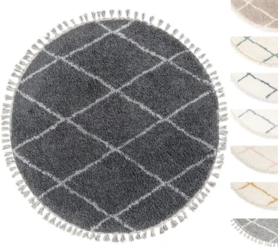 Produktbild von Rund Wohnzimmer Hochflor Teppich Ø120 cm Grau Diamantmuster , Super Soft Moderner Shaggy Teppich