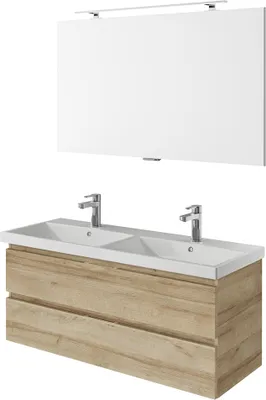 Produktbild von Waschplatz Set, grifflos, 120 cm breit, in Riviera Eiche Nb. mit Doppelwaschbecken VILLATORO-66, B/H/T ca. 120/200/45 cm