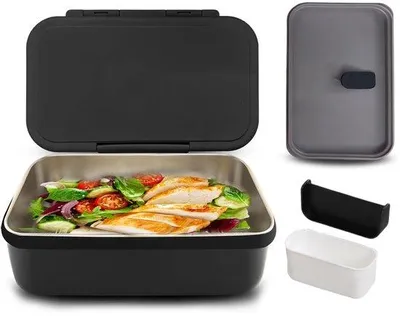 Image de Boîte à repas de 900 ml avec compartiments, boîte à repas pour adultes, adaptée au micro-ondes et au lave-vaisselle, sans BPA et réutilisable pour enfants et adultes (noire)