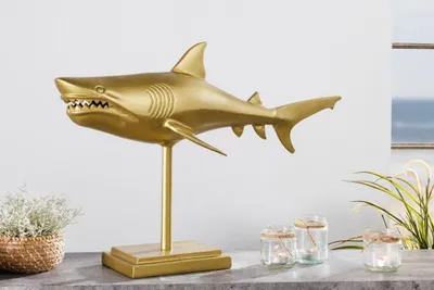 Produktbild von Deko-Figur Haifisch 70cm SHARK gold Aluminium Maritim Hai Skulptur