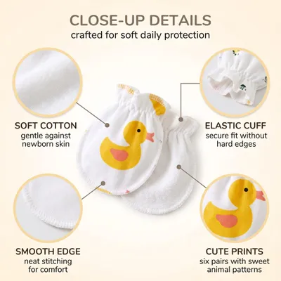 Imagen del producto de Guantes para bebé, suaves, 6 pares, para bebés de 0 a 6 meses, con motivos de animales, resistentes a los arañazos, ideales para recién nacidos