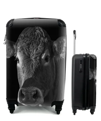 Produktbild von MuchoWow® Koffer Handgepäck Trolley Rollkoffer Kleine Reisekoffer mit 4 Rollen - Kuh - Tiere - Schwarz - Weiß - Porträt - Cabin Size < 55x40x23 cm & 55x40x20 cm - Fotokoffer - Kabinenkoffer - Boardgepäck - Reise-Box - Reisekoffer - Reisegepäck - Koffer mit Bild - Trolley für Kinder