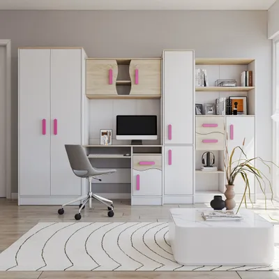 Produktbild von Jugendzimmer Wohnwand Kinderzimmer 300 cm Weiß/Sonoma mit rosa Griffe Markus