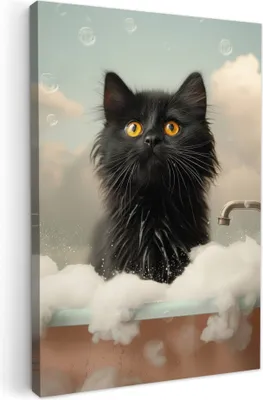 Produktbild von MuchoWow® - Leinwandbilder - Katze - Bad - Schwarz - Tiere - Schaumstoff, Wandbild, Wanddeko Bilder Wohnzimmer, 60x90 cm