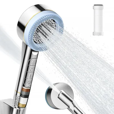 Immagine prodotto di Rubinetto da doccia a risparmio idrico con filtro, 4 tipi di getto, alta pressione, spazzola massaggiante, cromato in ABS