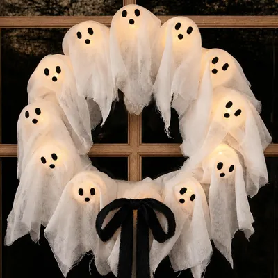 Productafbeelding van Halloween-decoratie voor buiten – Schattige, verlichte spookkrans, 35 cm