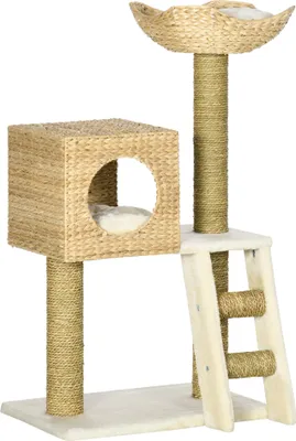 Produktbild von Fortuna Lai Kratzbaum 100,5 cm hoch mit Katzenhöhle, Bett und Katzentreppe, Sisal-Kratzsäulen und Kissen für kleine Katzen, Natur