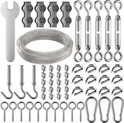 Produktbild von 30 m Edelstahl-Aufhängeseil-Set, 2 mm beschichtetes Edelstahlseil mit Spannvorrichtung und Haken, zum Aufhängen von Lichtern, Kletterpflanzen, Wäscheleinen, Pergola-Vorhängen, Geländern.