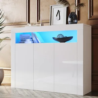 Produktbild von Sideboard, Kommode Weiss Hochglanz, mit LED, 12 Farben können eingestellt Werden, 3 Türen Schrank Komodenschrank Sideboard für Küche, Esszimmer, Wohnzimmer, 116x35x93cm, GK002