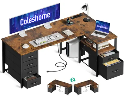 Eck-Schreibtisch L-Form 140x80 cm mit 6 Schubladen, USB, braun