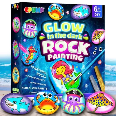 Produktbild von Steine Bemalen Set für Kinder mit 10 Natursteinen, Acrylfarben, Nachtleuchtfarben, Glitzerkleber und Pinseln, Kreatives Bastelset Geschenk ab 6 Jahren