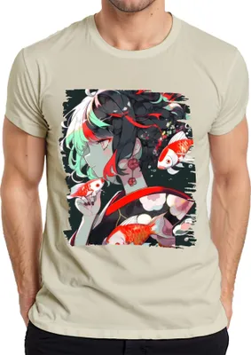 Zdjęcie produktu dla Koszulka męska Anime Girl in Kimono Koi Carp Japanese Art Illustration, Nature, M